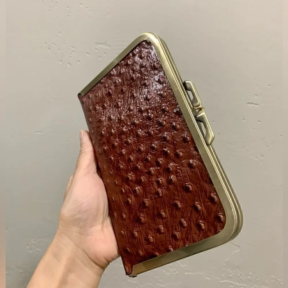 Handmade Genuine Ostrich Textured Cowhide, Kisslock Clutch/Passport Holder